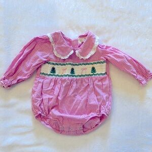 Pink Gingham Baby Romper with Christmas Tree Embroidery